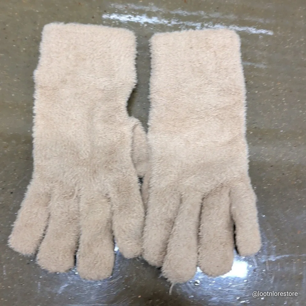 All in Motion Tan Fuzzy Knit Gloves Leather Palm Grip Suede Patch One Size